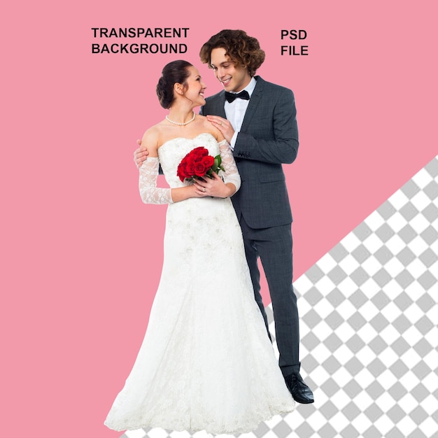 Ein Brautpaar genießt ihre Hochzeit und hält eine Blume auf einem Marrerid mit durchsichtigem Hintergrund