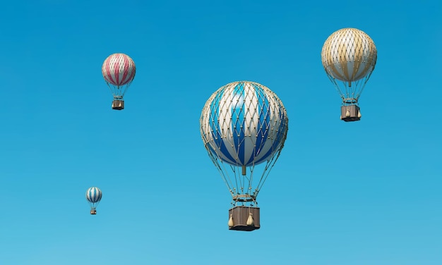 ein Bündel von Heißluftballons im Himmel mit einem blau-weißen gestreiften