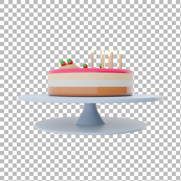 Ein bunter, geschichteter Kuchen mit Kerzen und Erdbeeren auf einem Kuchenstand, der ideal für Feiern ist