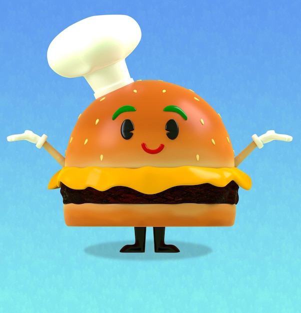 PSD ein cartoon eines hamburgers mit einem lächelnden gesicht und einem hut darauf.