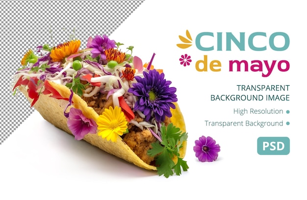Ein Cinco de Mardi Gras wirbt für einen Taco mit Blumen.