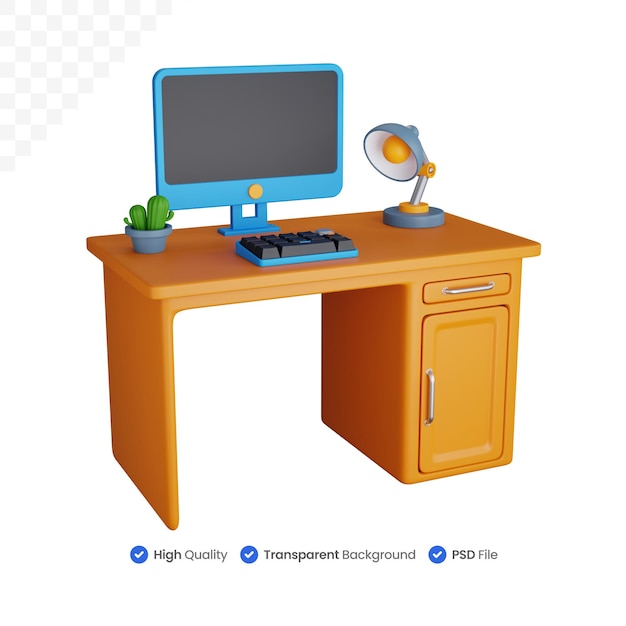 Ein Computer mit einem blauen Monitor und einer kleinen Topfpflanze auf der Unterseite.