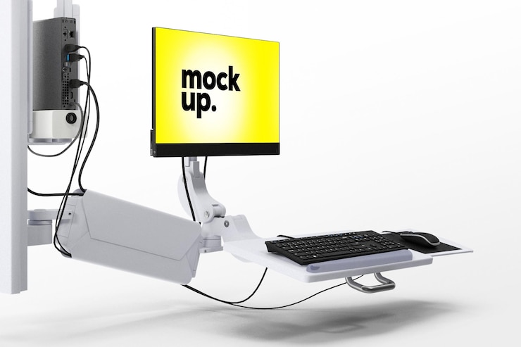 PSD ein computermonitor mit einem gelben bildschirm, auf dem „mock up“ steht.