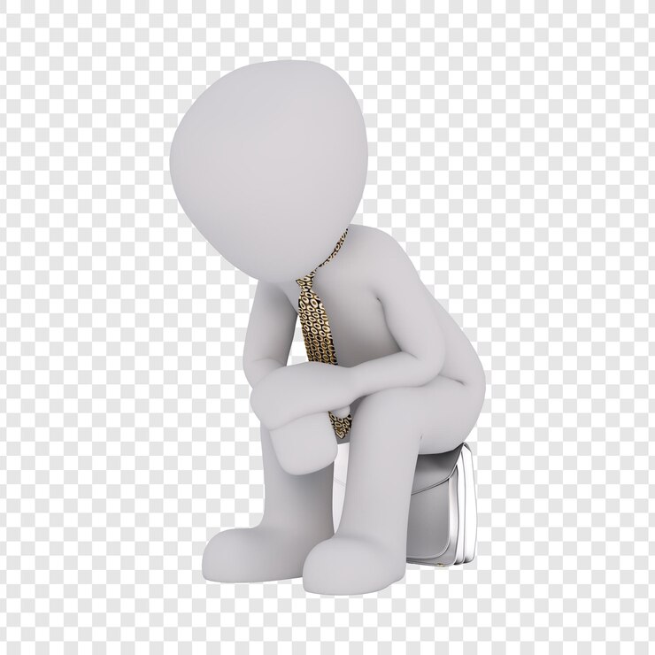 PSD ein depressiver 3d-cartoon-mann sitzt und denkt nach