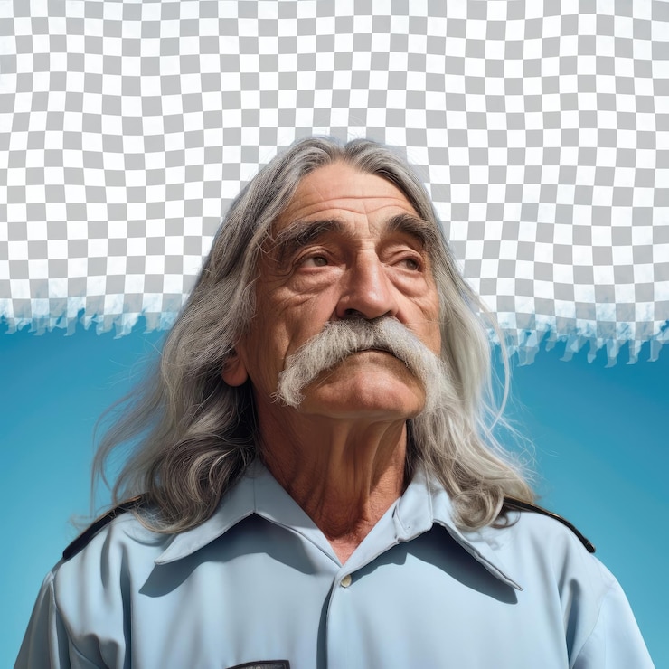 PSD ein depressiver älterer mann mit langen haaren aus der ural-ethnie, gekleidet in logistiker-kleidung, posiert in einem close up of lips-stil gegen einen pastellblauen hintergrund