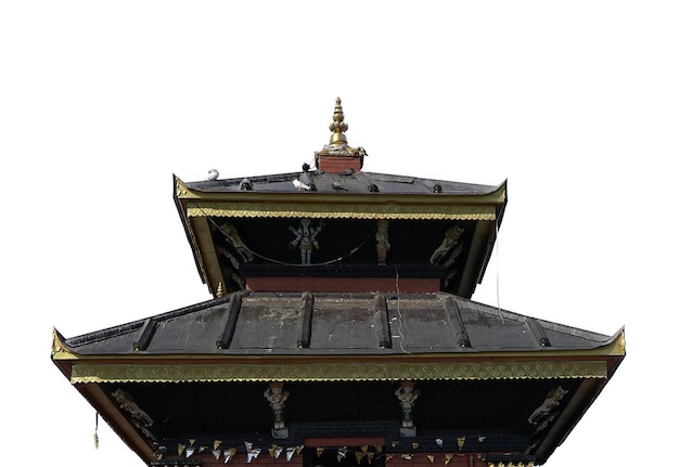 Ein detaillierter Blick auf einen traditionellen nepalesischen Tempel mit einem gestaffelten Dach und goldenen Akzenten