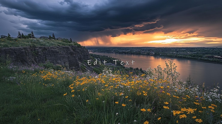 PSD ein dramatischer sonnenuntergang über einem flusstal mit wildblumen