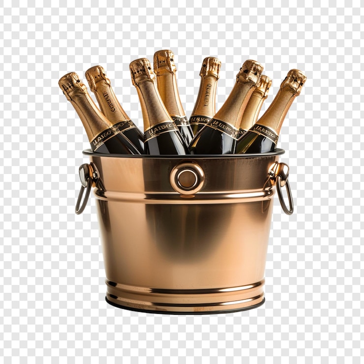 PSD ein eimer mit champagnerflaschen mit eis, das auf einem transparenten hintergrund isoliert ist