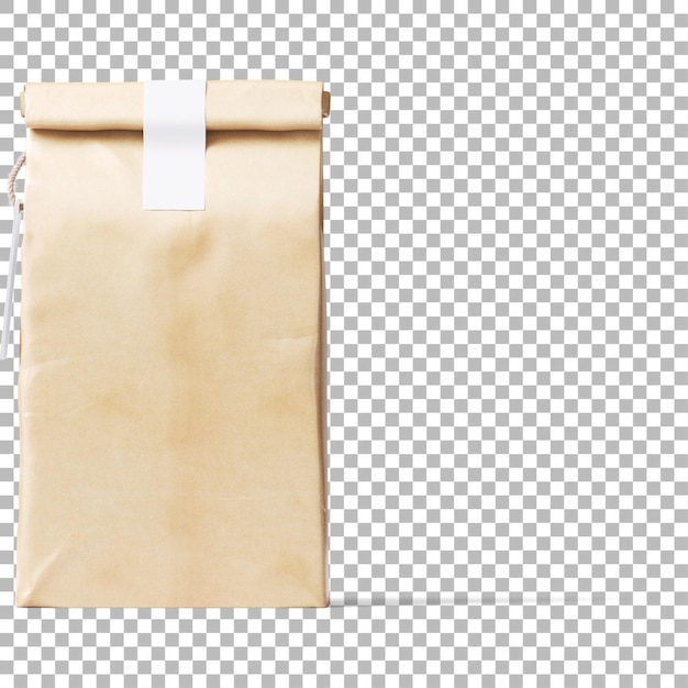 Ein einfacher brauner Papiertüte mit einem weißen Etikett oben, der typischerweise zur Verpackung von Lebensmitteln oder anderen Gegenständen verwendet wird