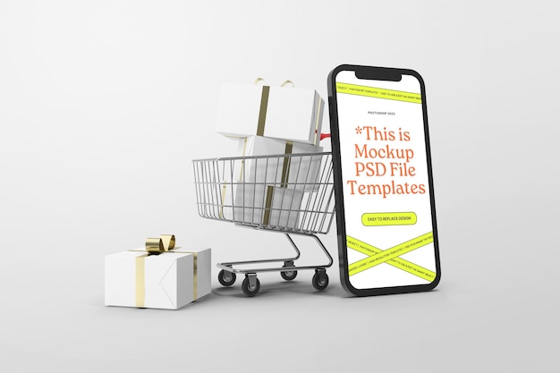 Ein Einkaufswagen voller Geschenke und ein Smartphone, der Online-Shopping bewirbt