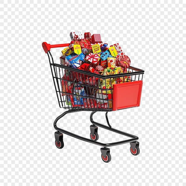 ein Einkaufswagen voller Süßigkeiten und eine rote Schachtel mit Süßigkeiten