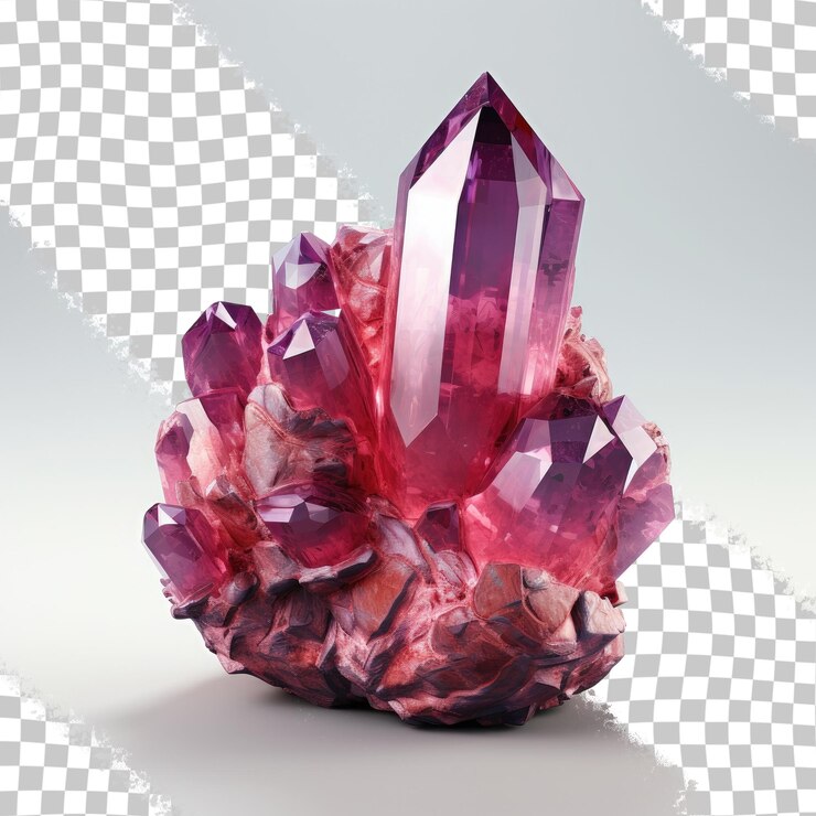PSD ein einzelnes lila-rotes mineralkristall auf durchsichtigem hintergrund