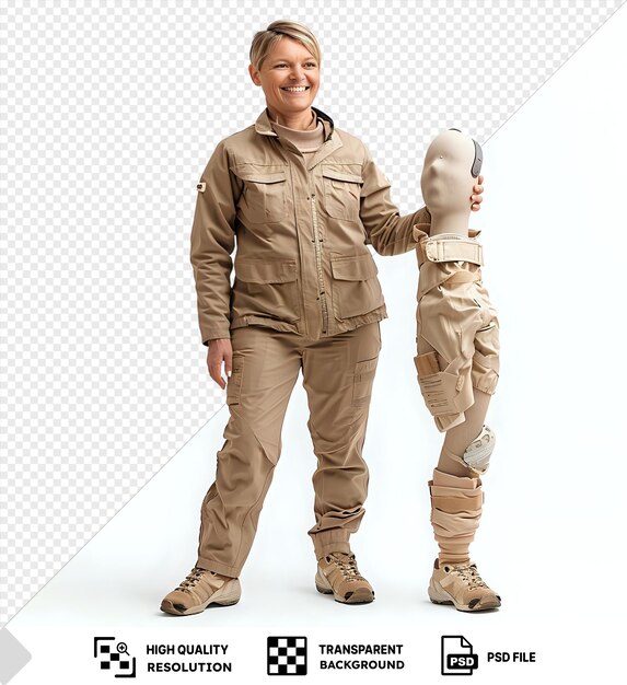 Ein einzigartiges neues modell eines mannes in brauner jacke und braunen khaki-hosen, der ein baby in den armen hält, mit einer hand, die im vordergrund sichtbar ist.