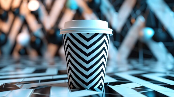 PSD ein einziger takeaway-kaffebecher mit einem schwarz-weißen chevron-design auf einer fliesenoberfläche mit einem verschwommenen geometrischen hintergrund