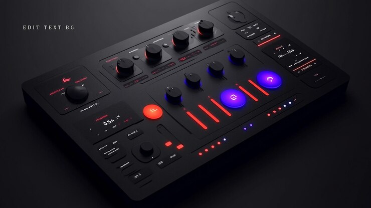 PSD ein eleganter schwarzer synthesizer mit roten und blauen led-lichtern, knöpfen und knöpfen
