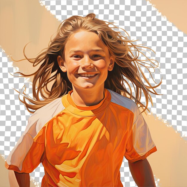 PSD ein empathischer junge mit langen haaren der skandinavischen ethnischen herkunft, gekleidet in running-marathon-kleidung, posiert in einem tilted head mit einem grin-stil vor einem pastell-tangerine-hintergrund