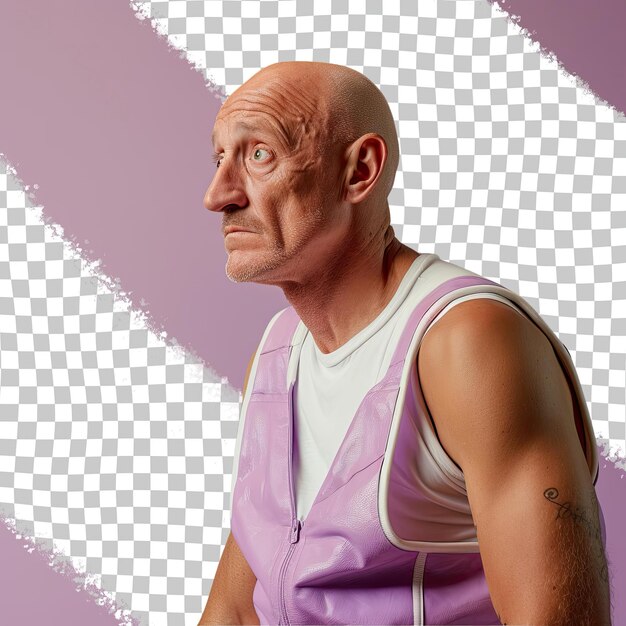 PSD ein entmutigter älterer mann mit kahlen haaren der mongolischen ethnie, gekleidet in basketballkleidung, posiert in einem looking over the shoulder-stil vor einem pastell-lilac-hintergrund