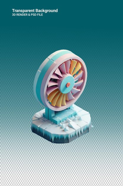 Ein farbenfrohes modell einer turbine wird in einem blauen hintergrund gezeigt
