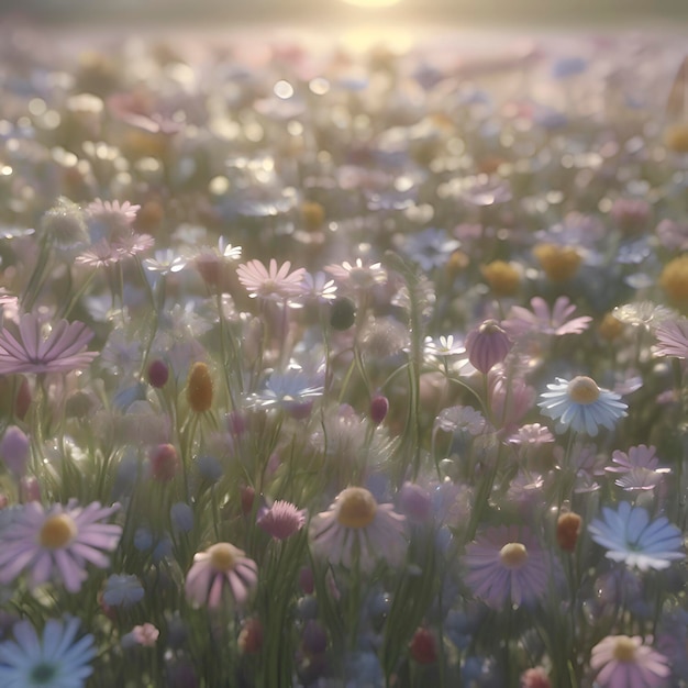 PSD ein feld mit pastellfarbenen wildblumen und morgendlichem sonnenlicht