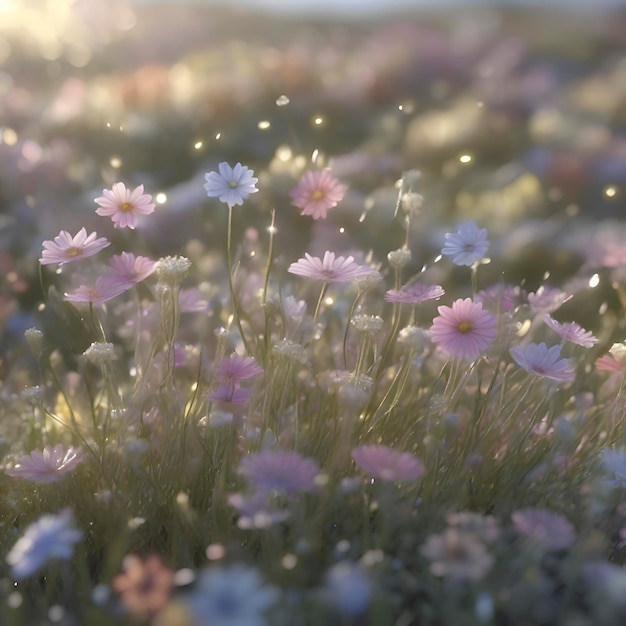 PSD ein feld mit pastellfarbenen wildblumen und morgendlichem sonnenlicht