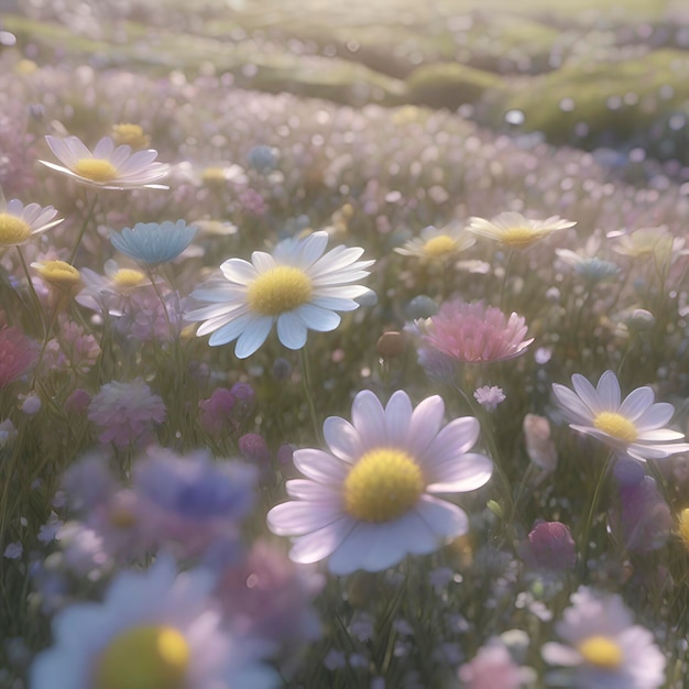 PSD ein feld mit pastellfarbenen wildblumen und morgendlichem sonnenlicht