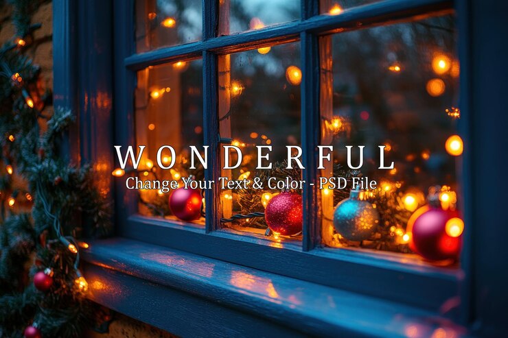PSD ein fenster mit weihnachtslichtern und ornamenten