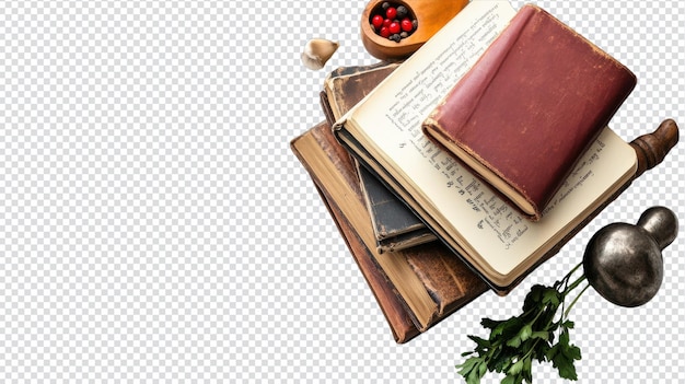 Ein fesselndes Stapel von Hardcover-Kochbüchern, isoliert auf weißem Hintergrund, für kulinarische Inspiration und Küchendekoration