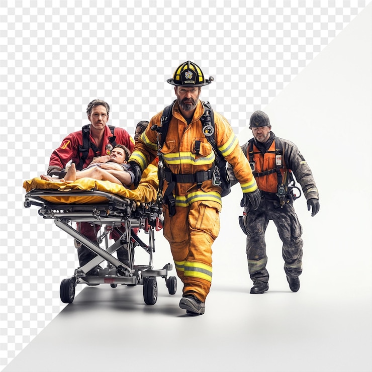 PSD ein feuerwehrmann trägt eine trage mit einem feuerwehrmänner darauf