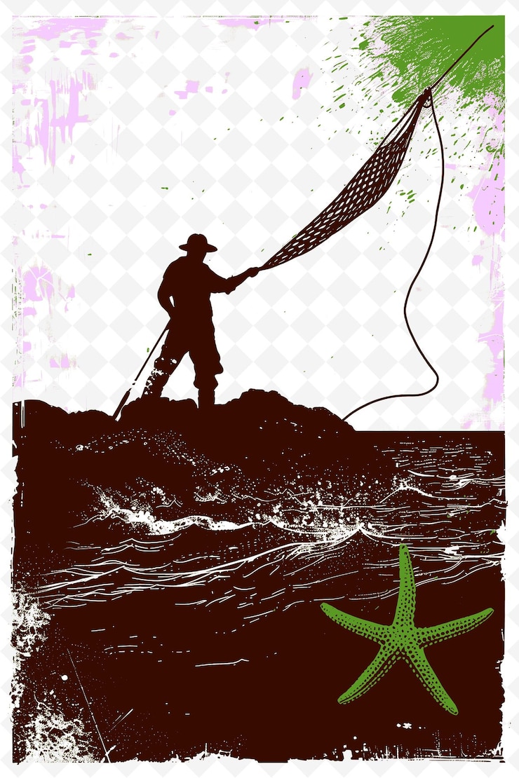 PSD ein fischer wirft ein netz mit einer historischen brasilianischen marineillustration brasilianisches leben und kultur