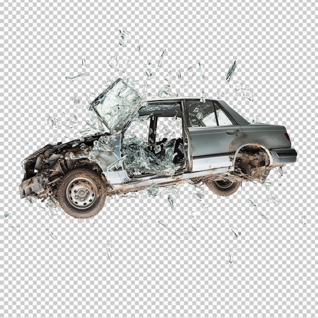 Ein fliegendes zerquetschtes Auto, isoliert auf einem durchsichtigen Hintergrund