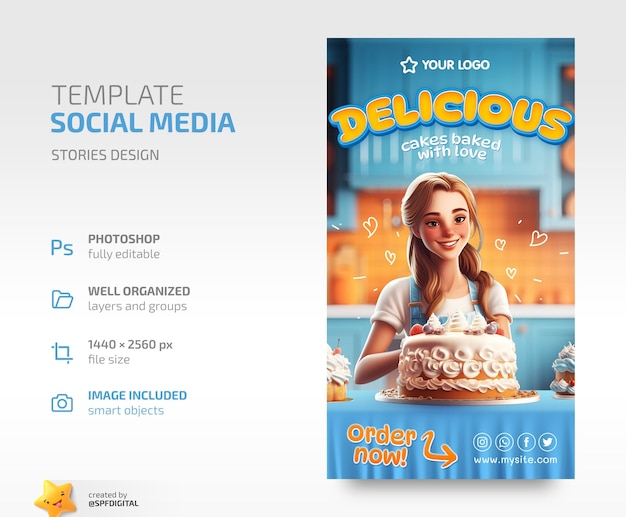 Ein flyer für eine social-media-website mit einem bild eines mädchens und einem kuchen darauf.