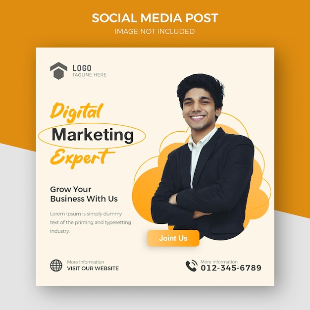Ein Flyer für einen Social-Media-Beitrag, der einen lächelnden Mann und die Worte „Experte für digitales Marketing“ zeigt