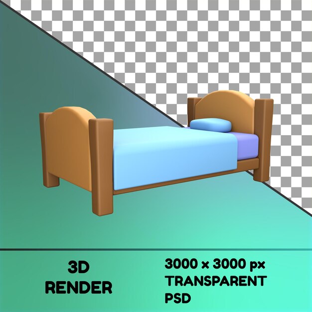 Ein Foto eines Bettes mit einer blauen Decke und den Worten 3D-Rendering