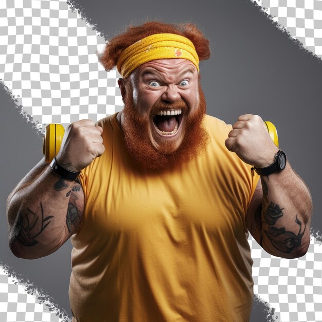 PSD ein freudiger übergewichtiger mann mit roten haaren und bart, der gelbe kleidung und ein schweißband trägt, amüsiert sich, während er mit hanteln trainiert