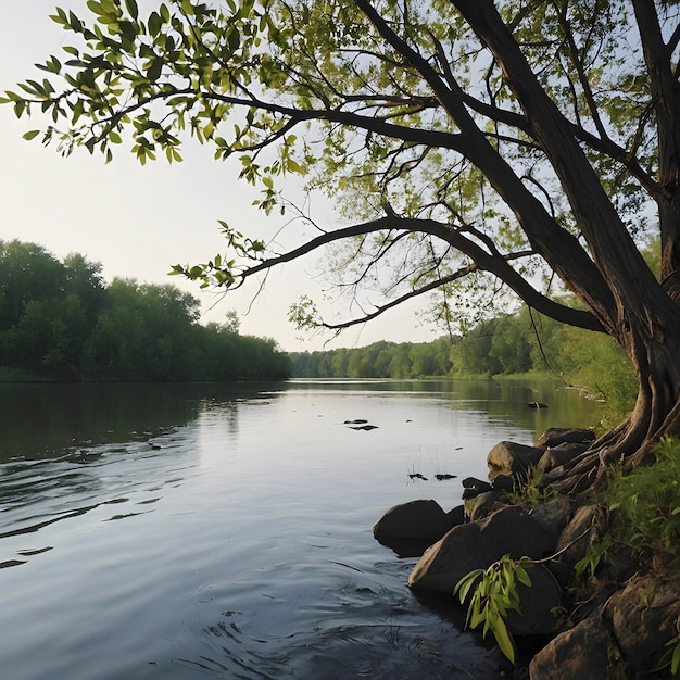 Ein friedliches bild von bäumen am fluss