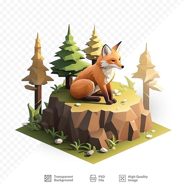 Ein fuchs in einem wald mit einem wald im hintergrund.