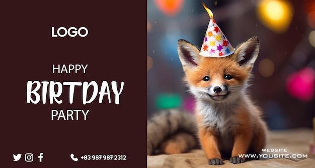 PSD ein fuchs mit partyhut und der aufschrift „alles gute zum geburtstag“ darauf.