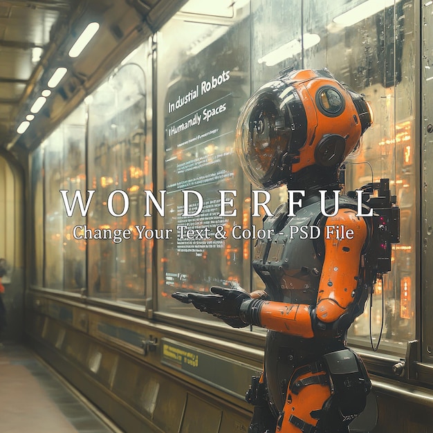Ein futuristischer Roboter steht in einer U-Bahn-Station und schaut auf eine Anzeige mit Informationen über industrielle Roboter und den Mars-Raum