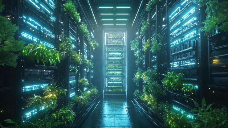 PSD ein futuristischer serverraum mit pflanzen, die auf den regalen wachsen und von blauen neonlichtern beleuchtet werden
