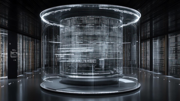 PSD ein futuristisches rechenzentrum mit einem transparenten zylinder, der code enthält
