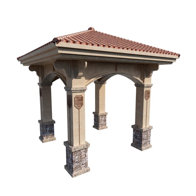 ein Gebäude mit einem roten Dach und einem Design an der Spitze