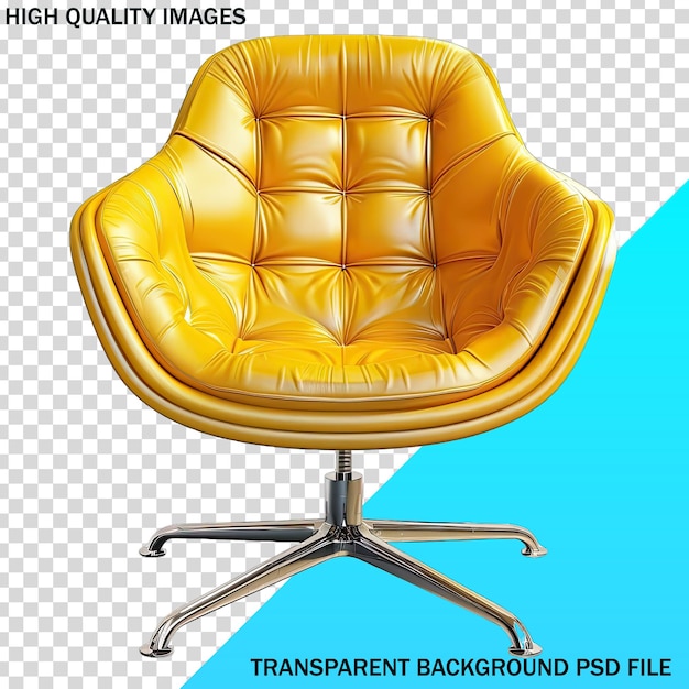 ein gelber Stuhl mit einem silbernen Metallrahmen und einem blauen Hintergrund