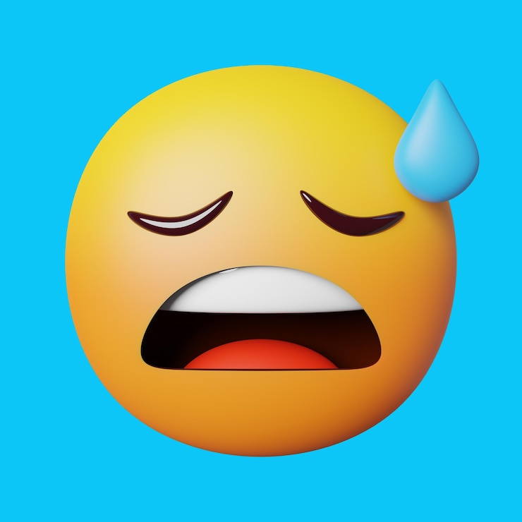 Ein gelbes Emoticon mit blauem Hintergrund, das sagt: "Ich bin müde".