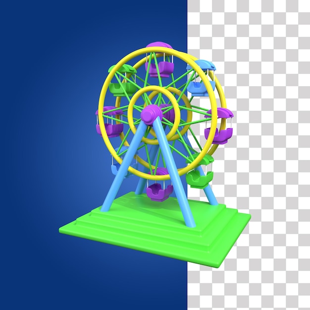 PSD ein gelbes riesenrad mit violett-blauen und grünen käfigen
