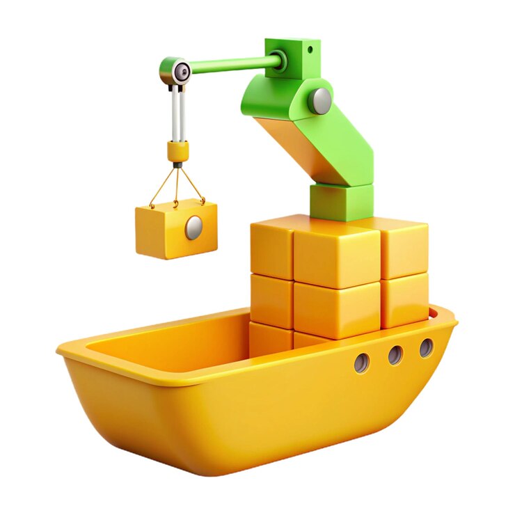 PSD ein gelbes spielzeugboot mit einem grünen objekt, an dem steht: "die waage ist daran befestigt".