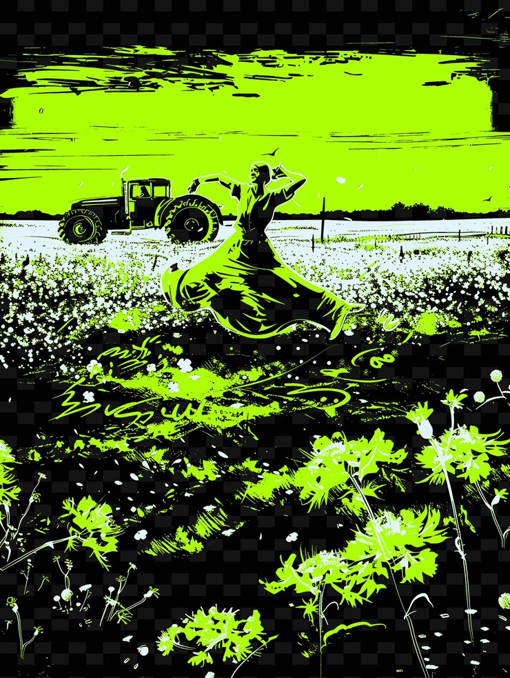 PSD ein gemälde einer frau auf einem feld mit einem traktor im hintergrund