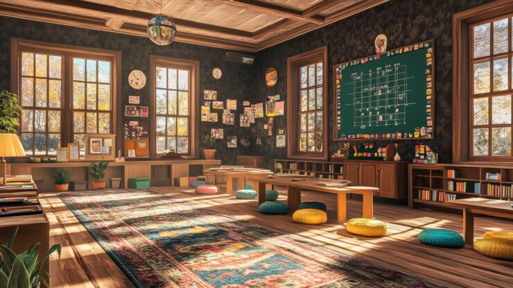 PSD ein gemütliches klassenzimmer mit farbenfroher dekoration und sitzgelegenheiten