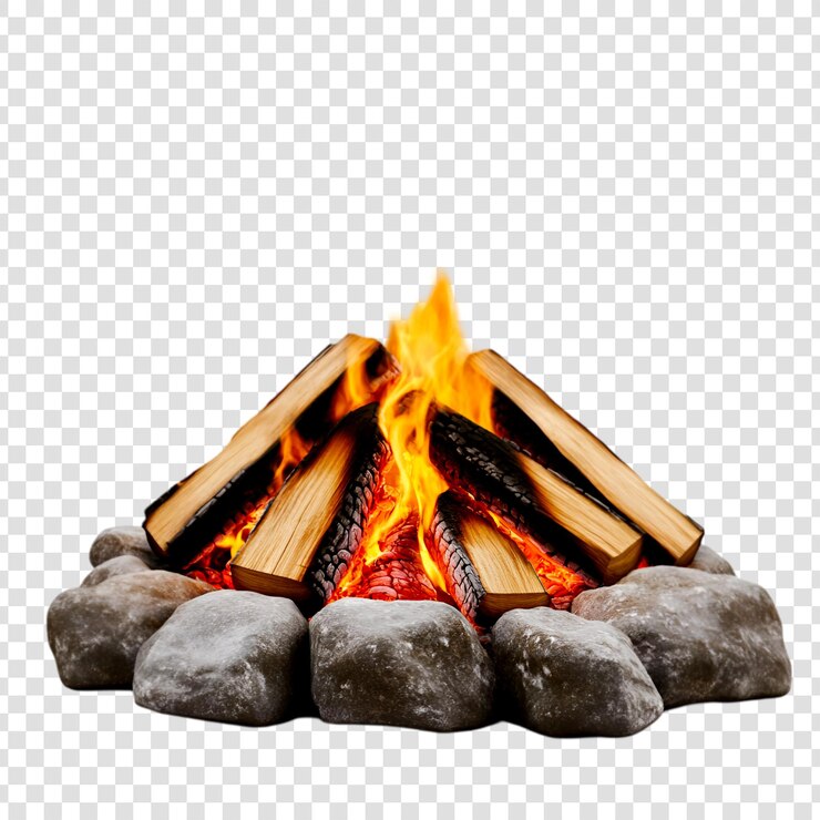 PSD ein gemütliches lagerfeuer mit brennendem holz auf einem durchsichtigen hintergrund