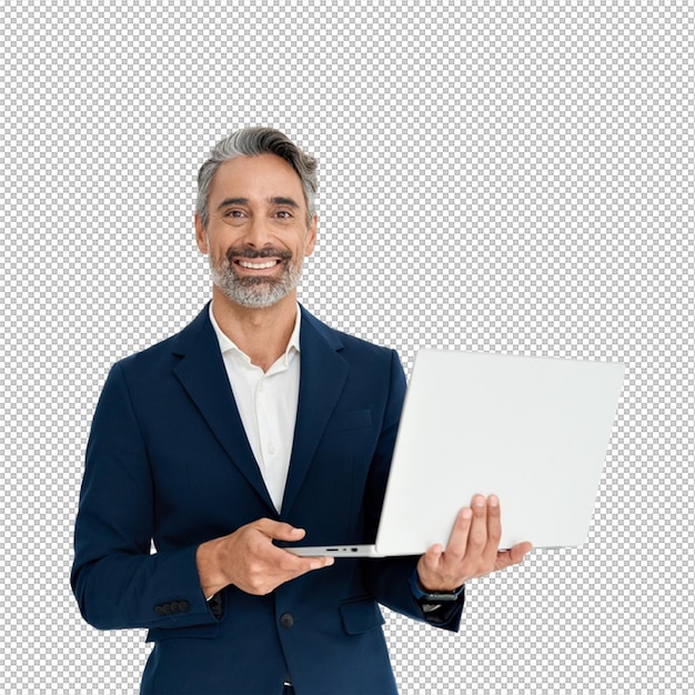 Ein Geschäftsmann hält einen Laptop und lächelt
