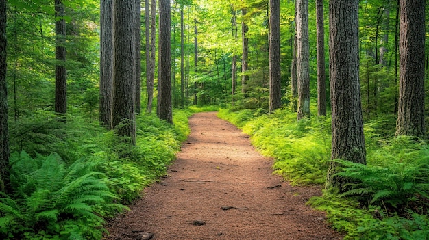 Ein gewundener Schotterweg durch einen üppig grünen Wald mit hohen Bäumen und Farnen an den Seiten